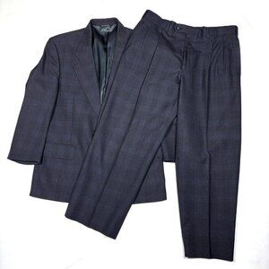 VTG Burberrys 2Pc Blue Checkered Wool Suit Blazer & Pants USA Made Mens 40S/33w
